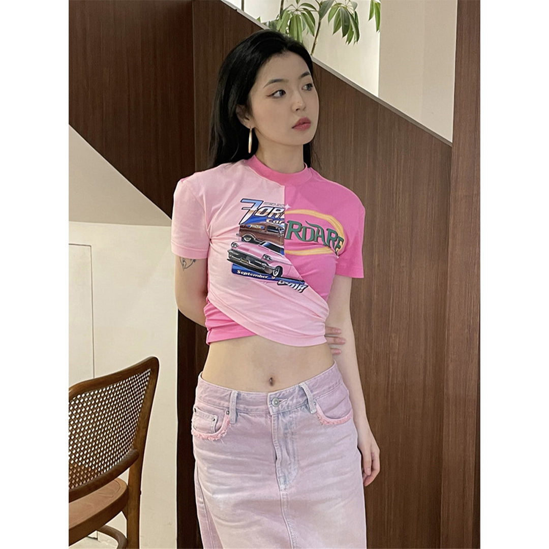Fordare Color Blocked Cross Cutting Crop Top Pink
