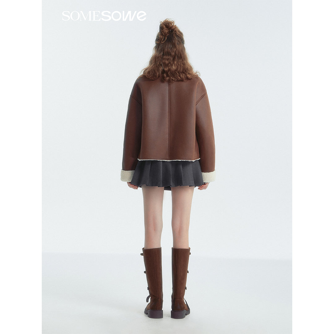 SomeSowe Lapel Leather Integrated Furry Short Jacket Brown