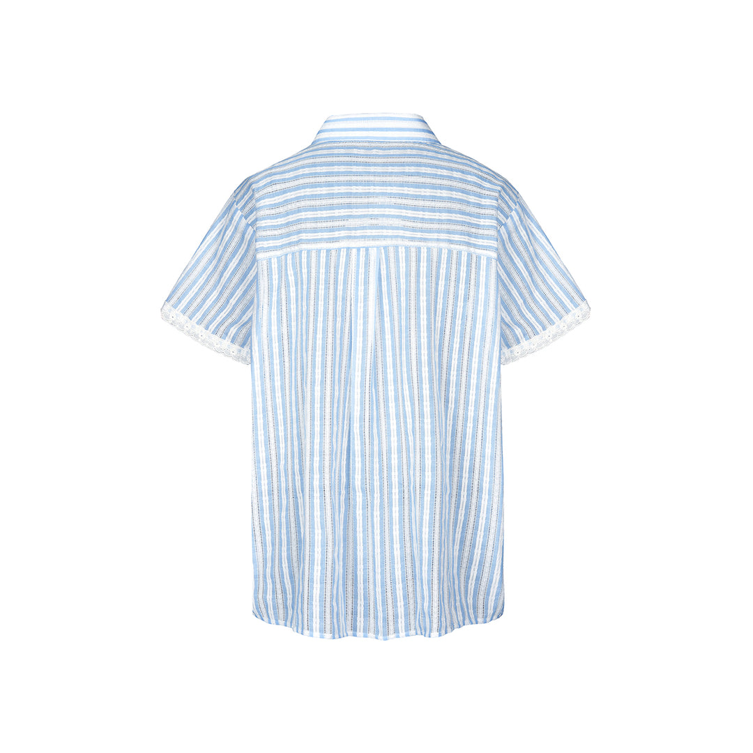 Kroche Lace Edge Hollow Out Striped Embroidery Shirt Blue