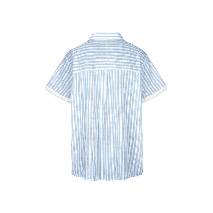 Kroche Lace Edge Hollow Out Striped Embroidery Shirt Blue