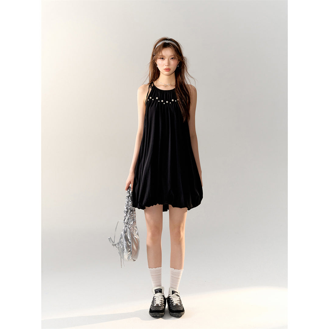 AsGony Pearl Bud Slip Puffy Dress Black