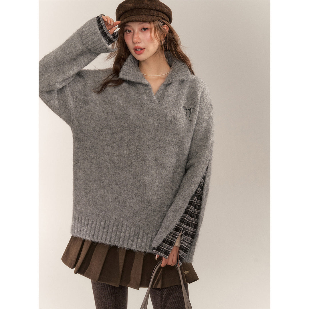 AsGony Plaid Patch Embroidery Knit Sweater Gray