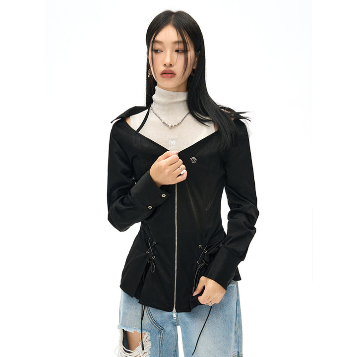 NotAwear Logo Embroidery Drawstring Slim Zipper Shirt Black - Mores Studio