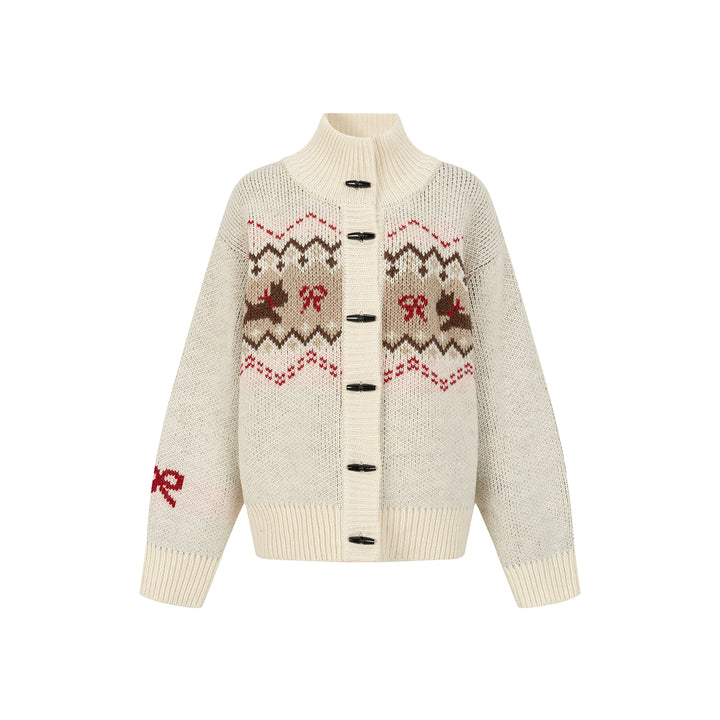 Via Pitti Fair Isle Puppy Loose Knit Cardigan Beige