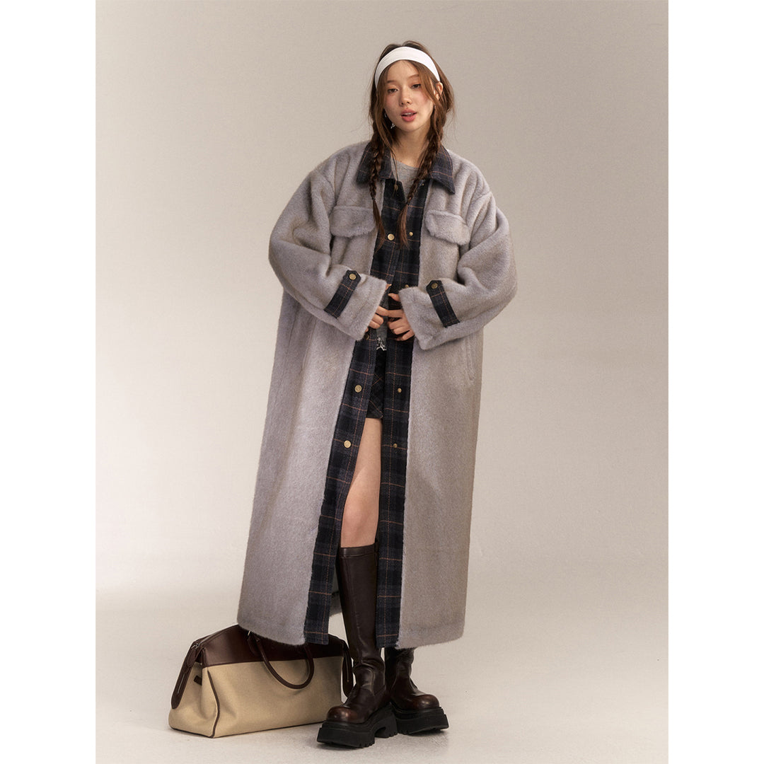 AsGony Plaid Patchwork Faux Fur Fuzzy Long Coat Gray