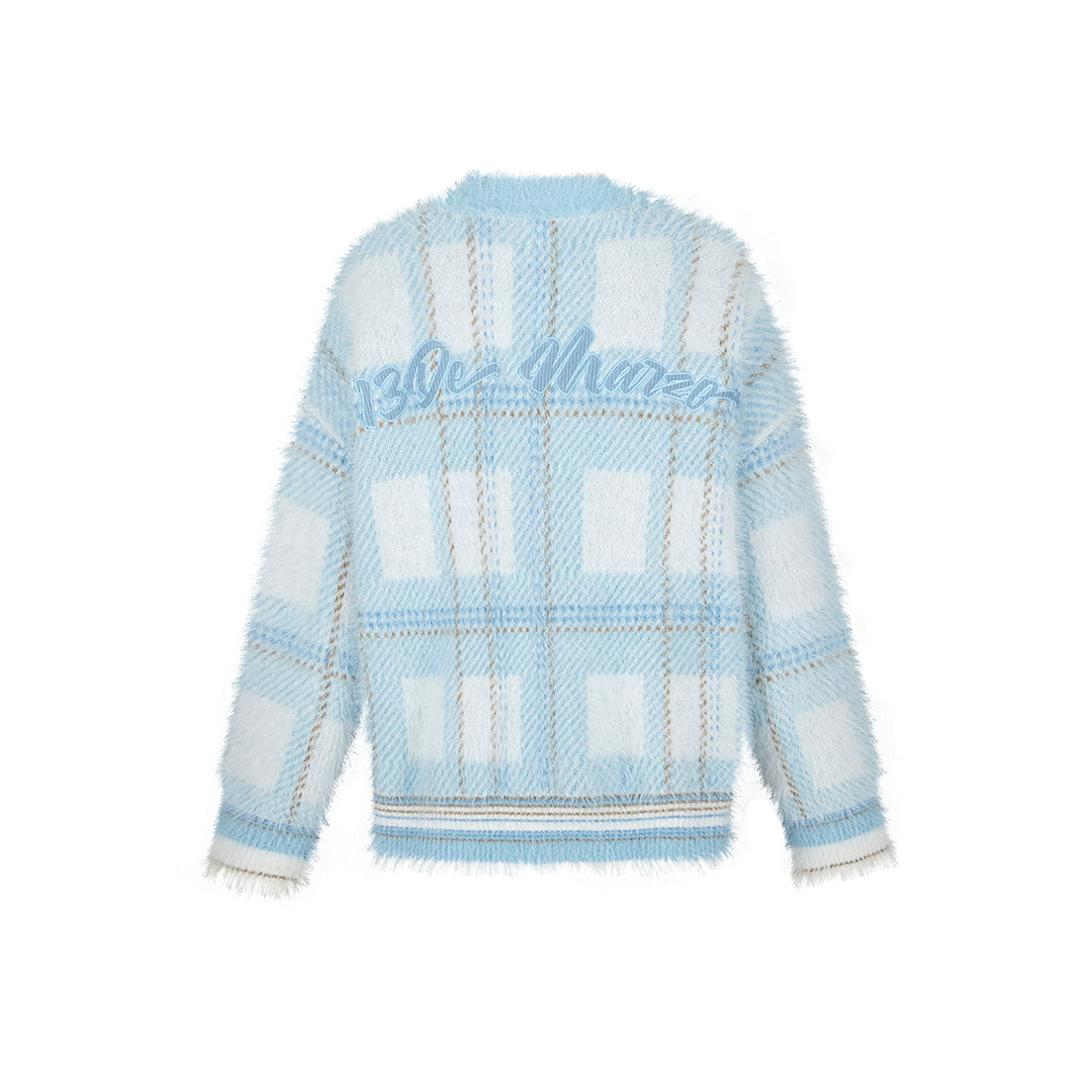 13De Marzo Bear Button Plaid Knit Cardigan Blue