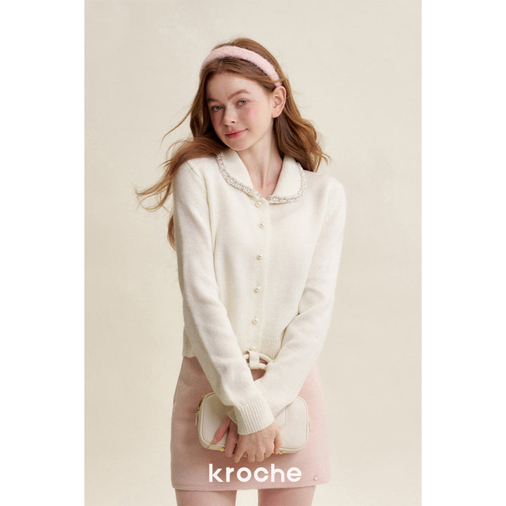 Kroche ﻿Pearl Button Doll Collar Knit Cardigan White