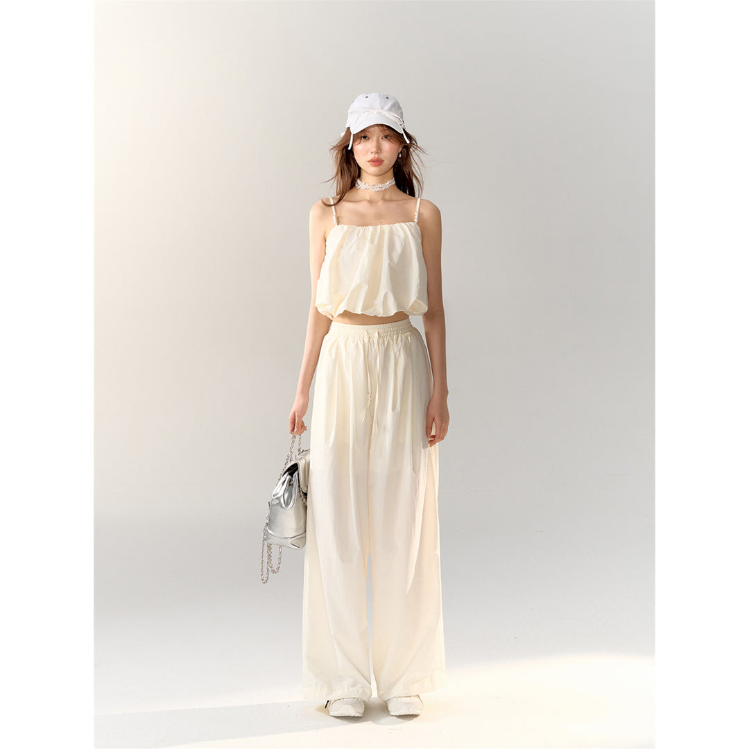 AsGony High Waist Drawstring Wide Leg Pants Beige