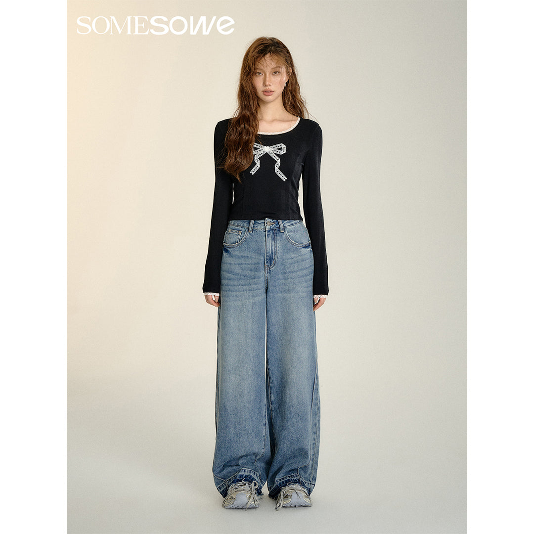 SomeSowe Lace Bow Splice Long Sleeve T-Shirt