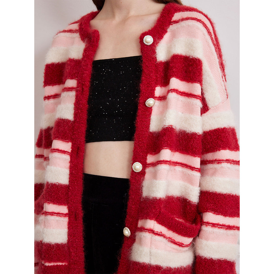 Rocha Roma Color Blocked Striped Cardigan Red - Mores Studio