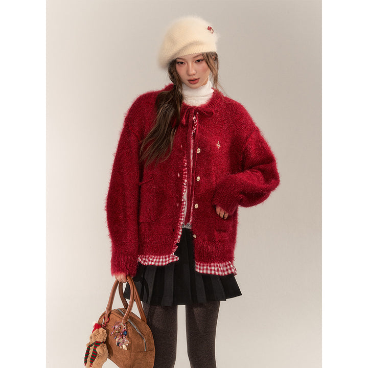 AsGony Fake-2-Piece Plaid Embroidery Knit Cardigan Red