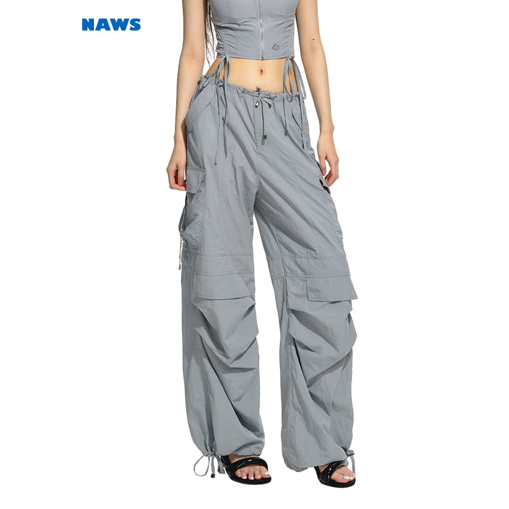 NAWS Drawstring Pocket Straight-Leg Cargo Pants Gray