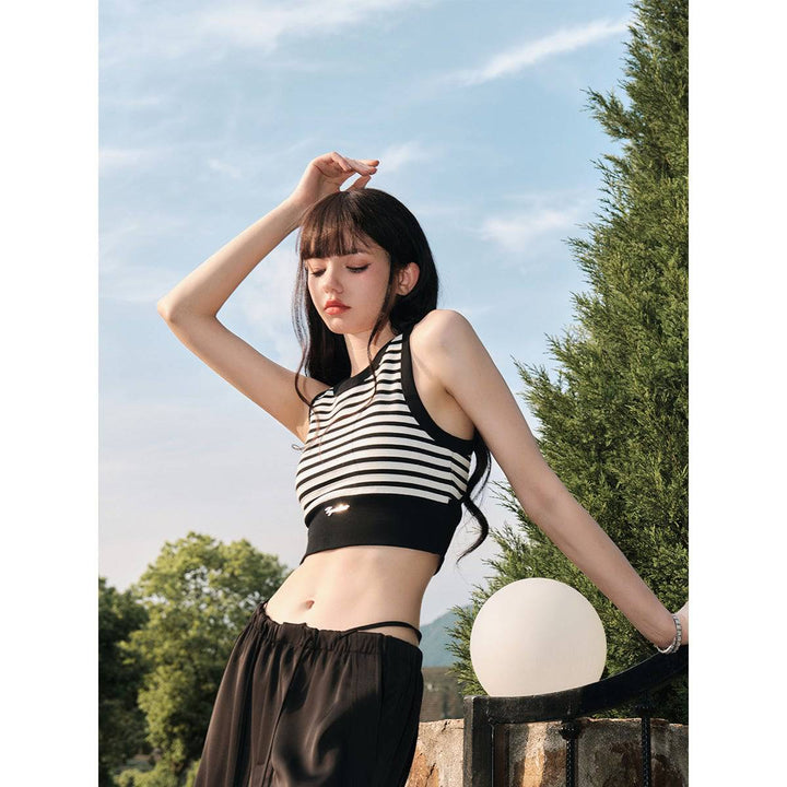 Three Quarters Striped Contrast Sports Vest Top - Mores Studio