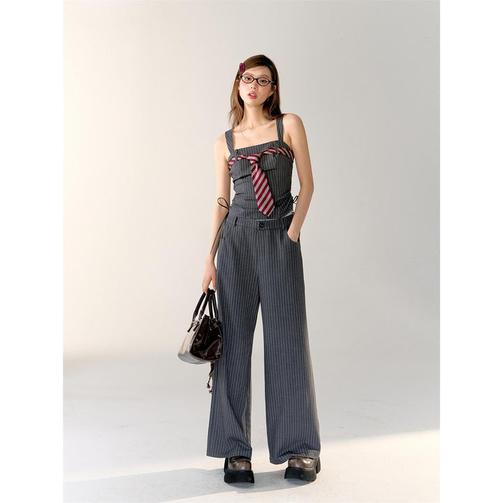 AsGony Double Waist Patchwork Striped Suit Pants