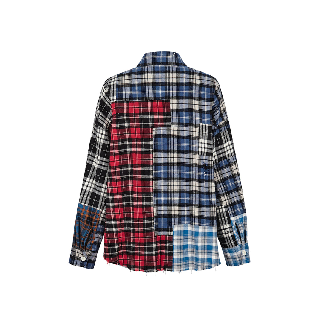 13De Marzo Bear Broken Plaid Patchwork Shirt