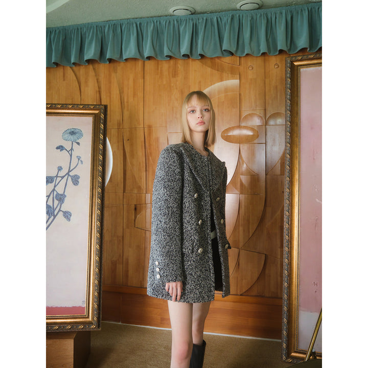 Three Quarters Woolen Tweed Long Coat Grey - Mores Studio