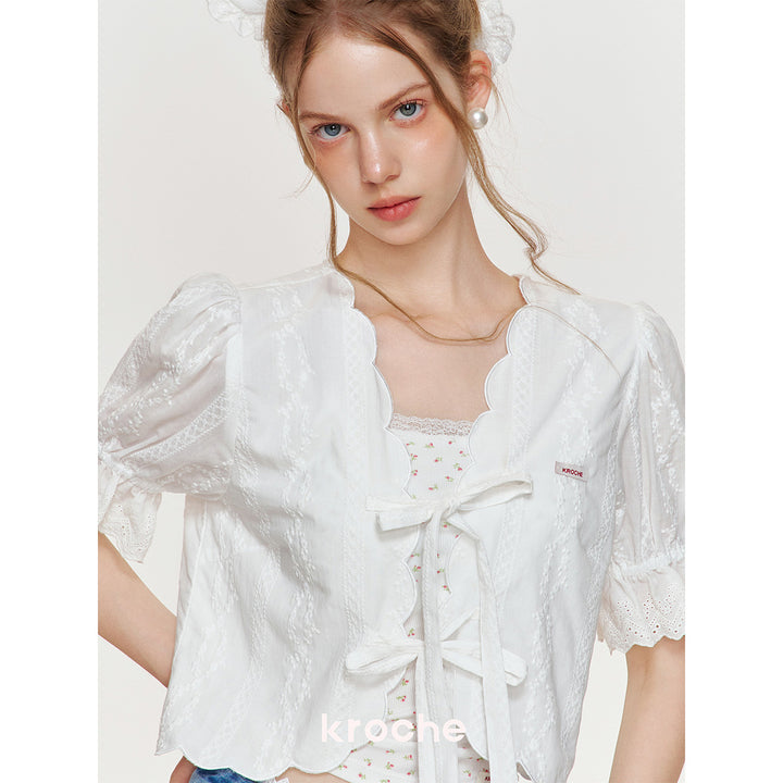 Kroche Lace Bow Lace Up Shirt Top White