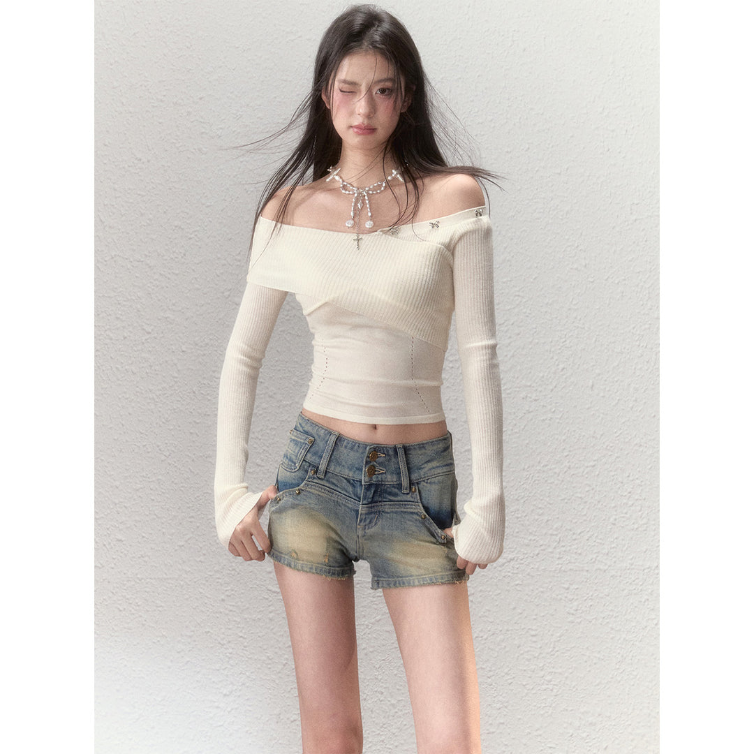Via Pitti Bow-Knot Pin Off Shoulder Knit Top Cream