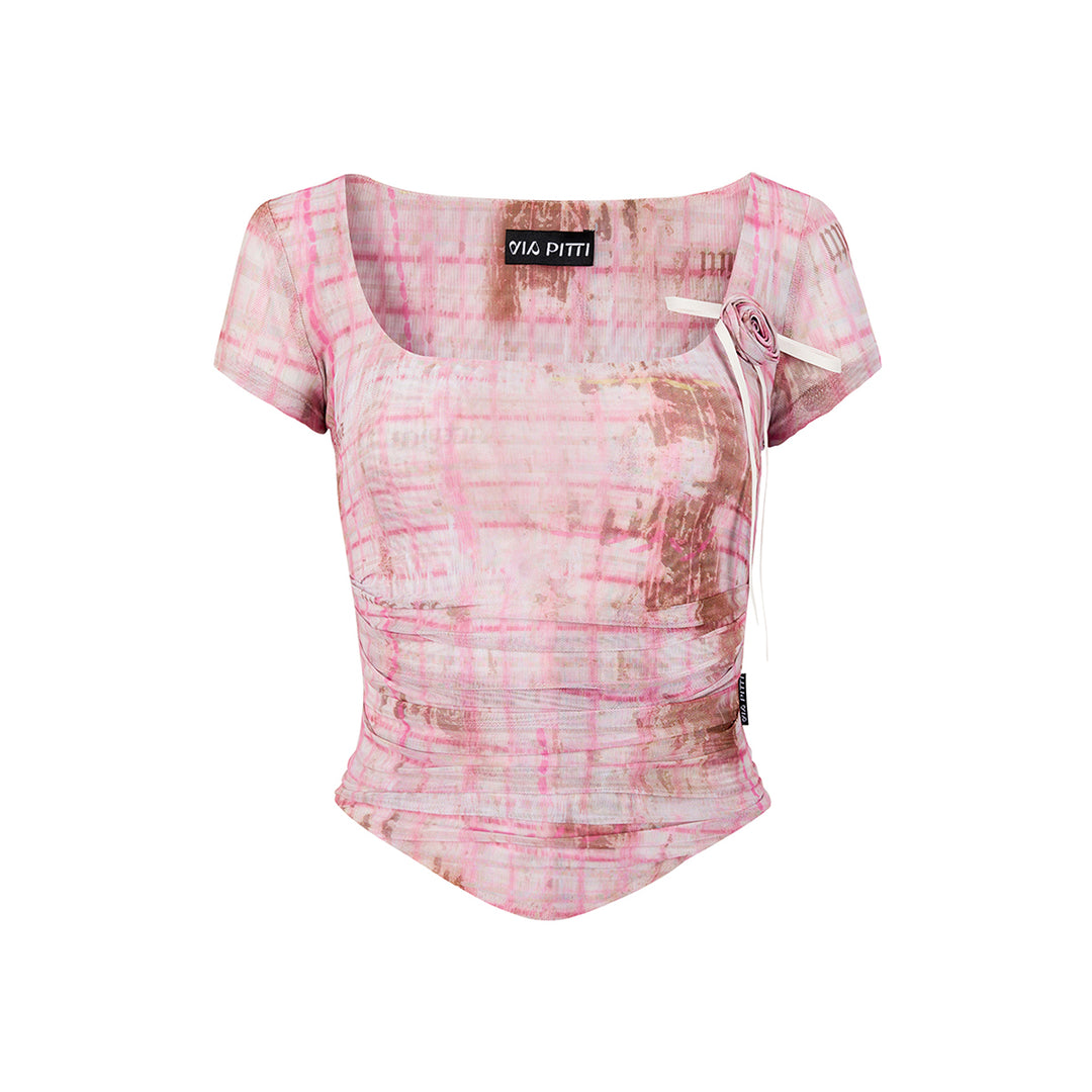 Via Pitti Plaid Rose Gauze Versatile T-Shirt Pink