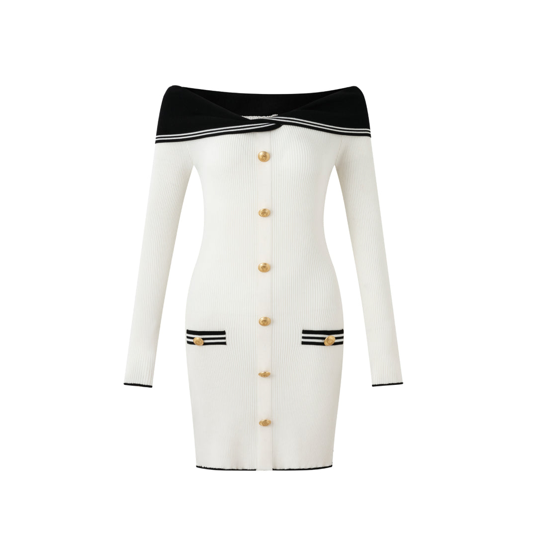 Diana Vevina Off-Shoulder Retro Gold Button Slim Fit Knit Dress White