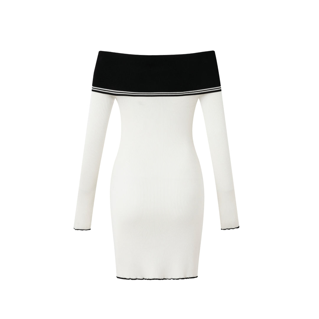 Diana Vevina Off-Shoulder Retro Gold Button Slim Fit Knit Dress White