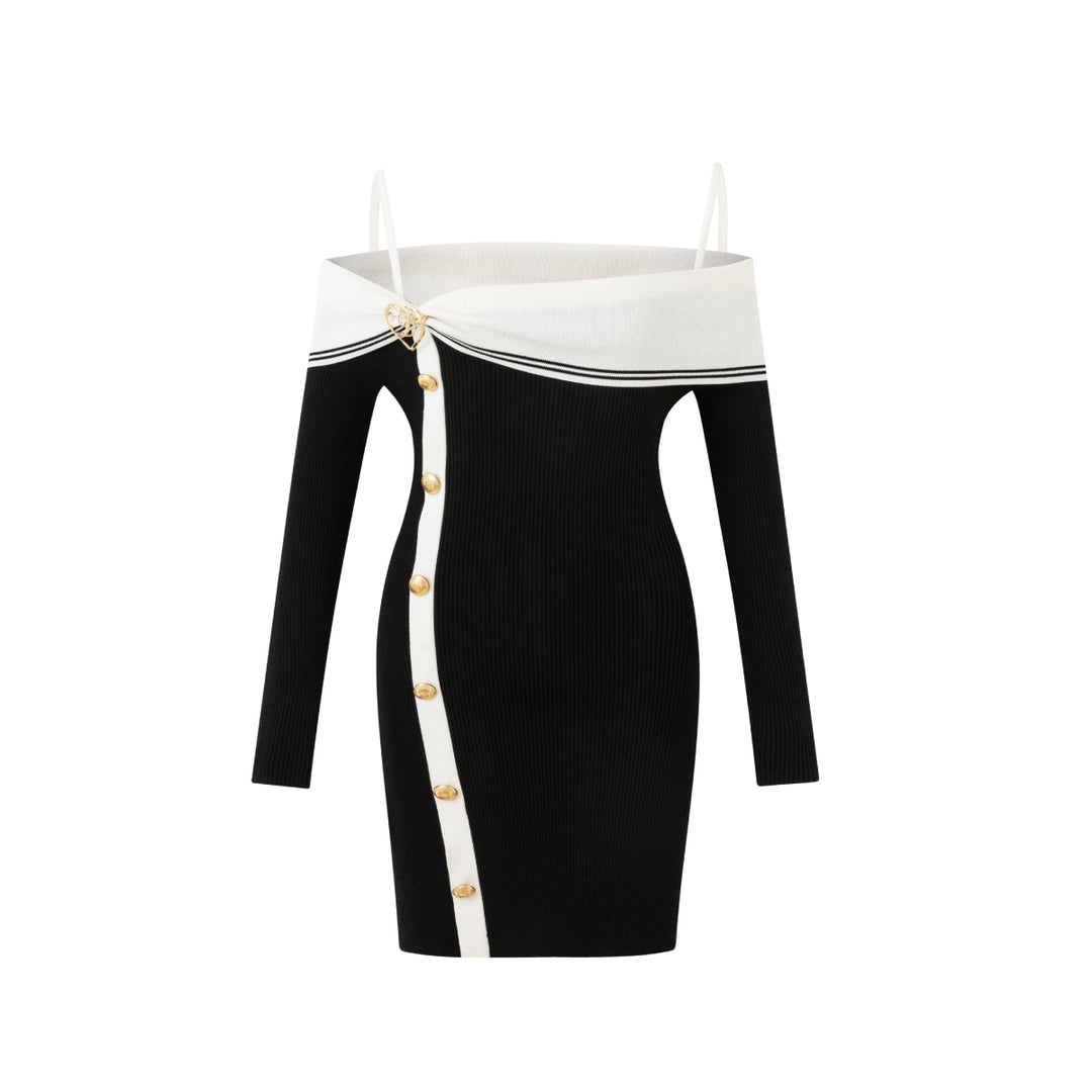 Diana Vevina Color Blocked Off-Shoulder Slim Fit Knit Dress