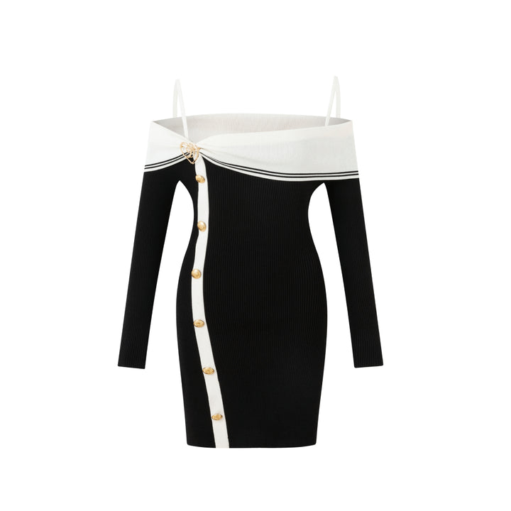 Diana Vevina Color Blocked Off-Shoulder Slim Fit Knit Dress