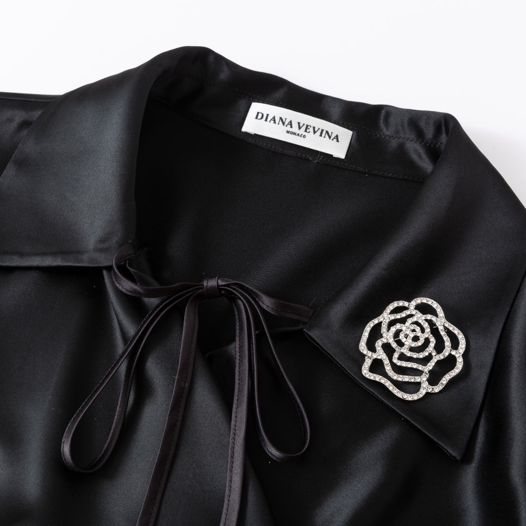 Diana Vevina Acetate Rose Brooch Satin Dress Black
