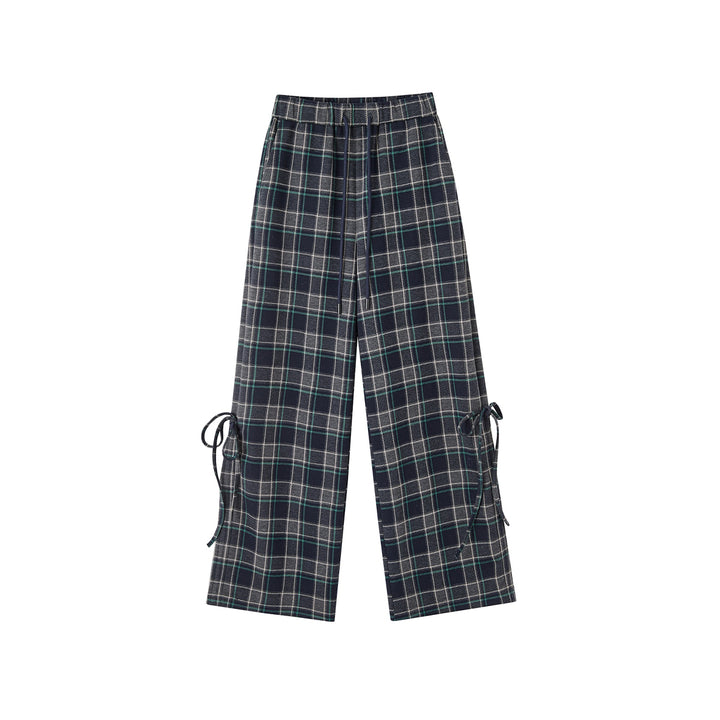 SomeSowe Bow Drawstring Plaid Wide-Leg Pants Blue