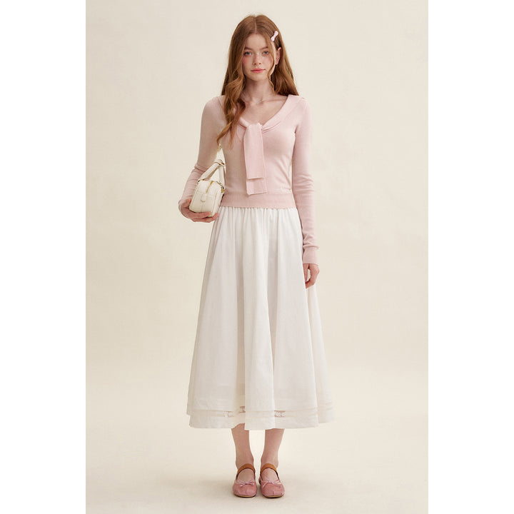 Kroche Lace Patchwork High Waist A-Line Long Skirt White