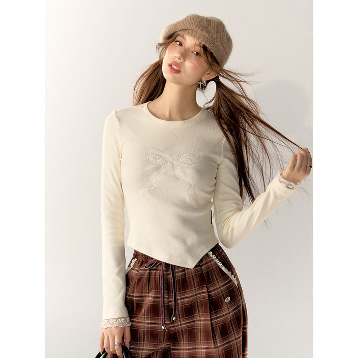 AsGony Bow Lace Edge Irregular Slim Top Beige