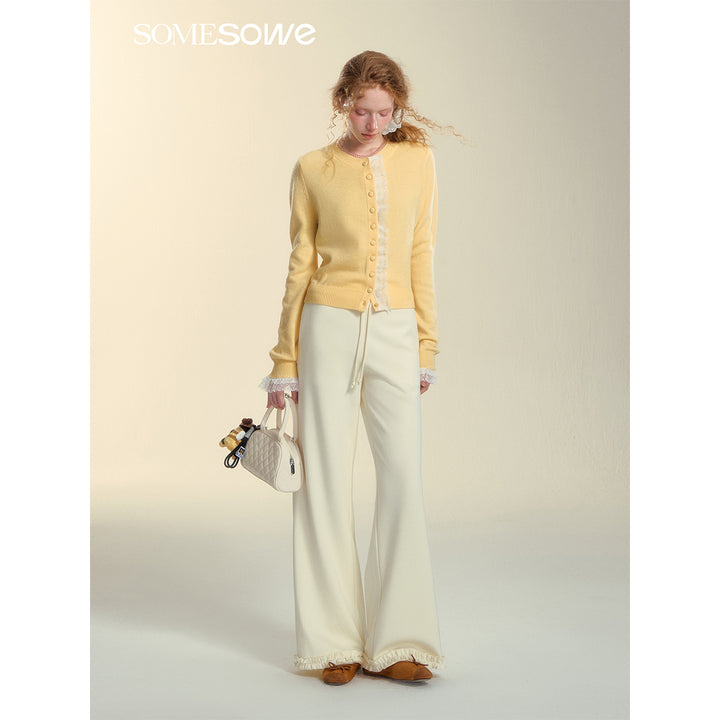 SomeSowe Lace Edge Round-Neck Knit Cardigan Yellow