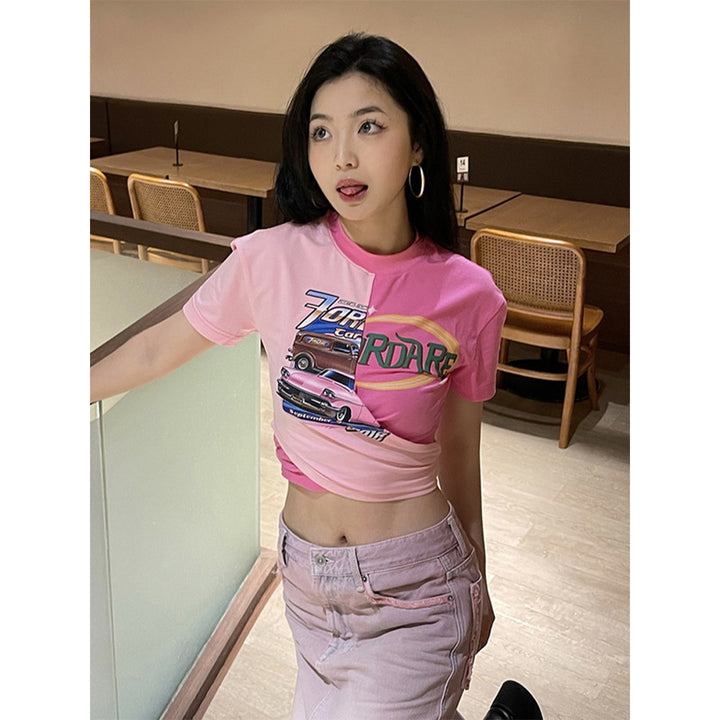 Fordare Color Blocked Cross Cutting Crop Top Pink