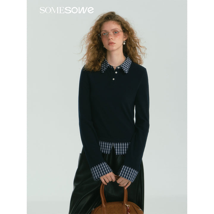 SomeSowe Plaid Patchwork Long Sleeve Polo Top Navy Blue