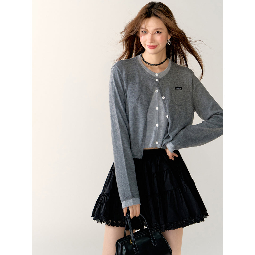 AsGony Contrast Color Fake-2-Piece Short Cardigan Gray