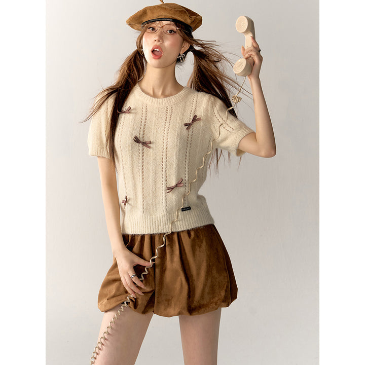 AsGony Bow Tie Puff Sleeve Knit Top Beige