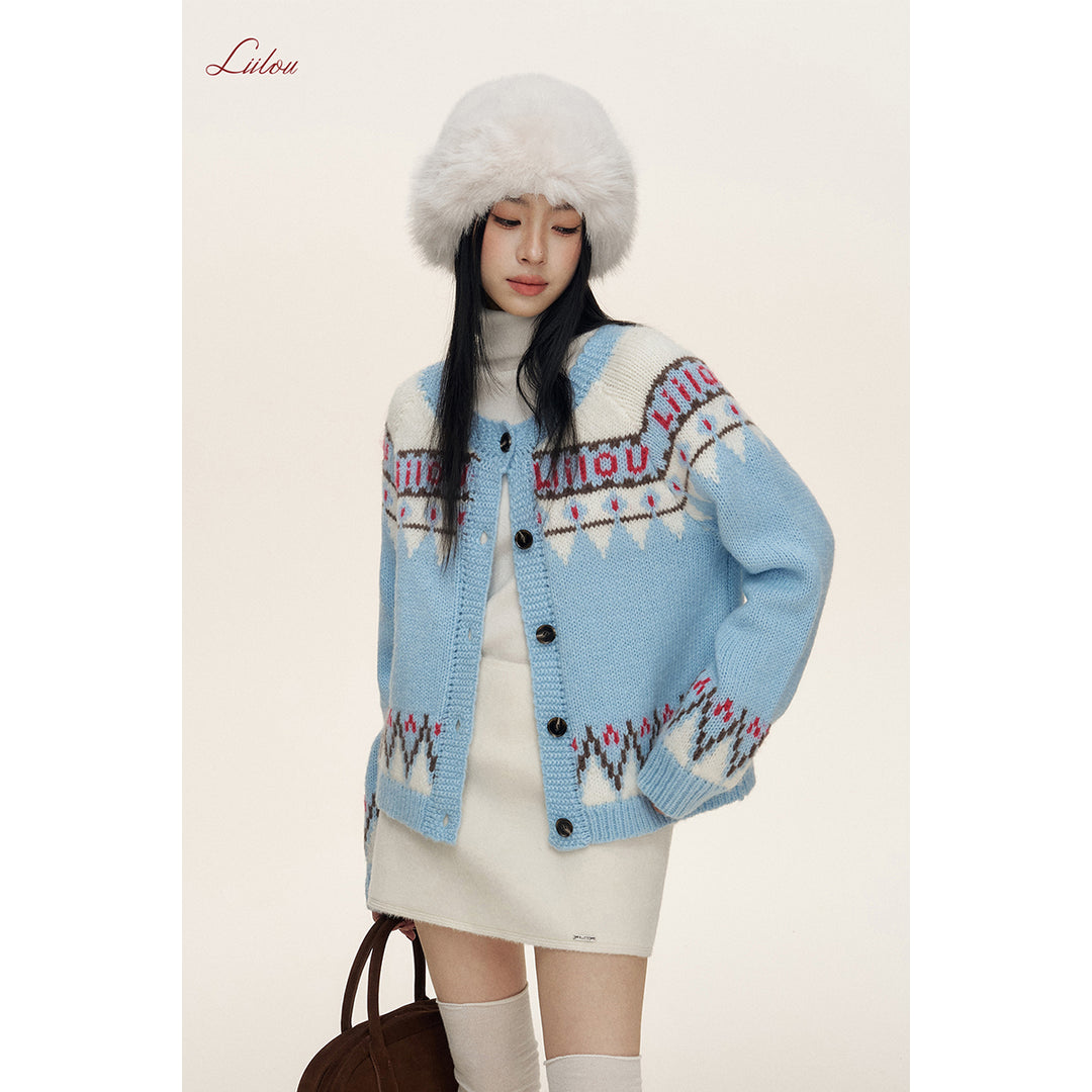 Liilou Fair Isle Jacquard Woolen Knit Cardigan Blue