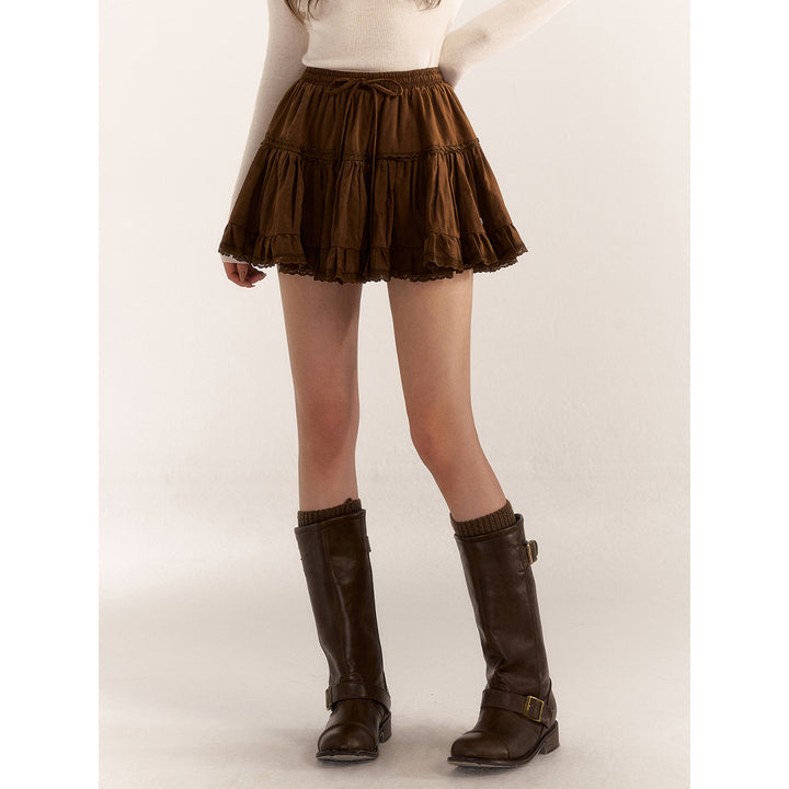 AsGony Retro Lace Edge Elastic-Waist Puffy Skirt Brown