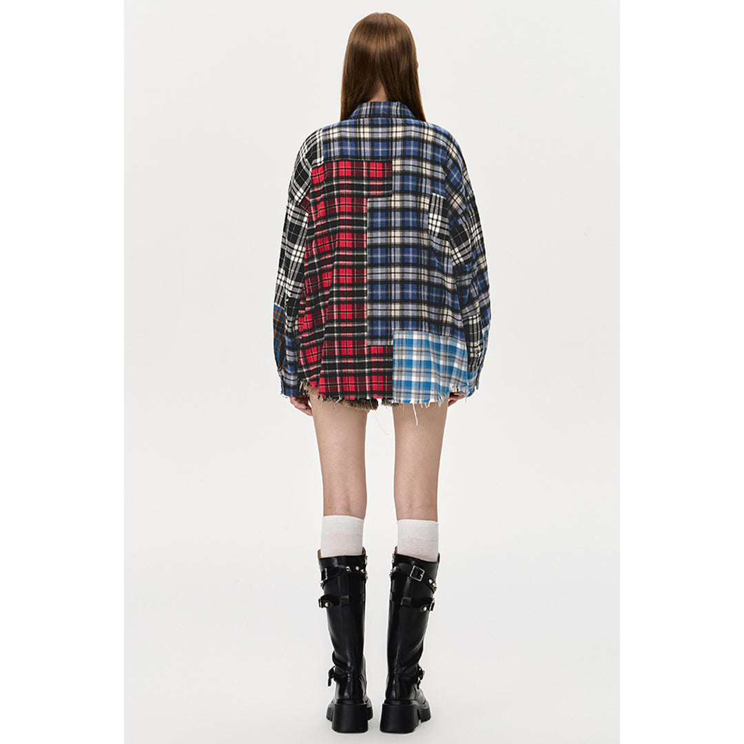 13De Marzo Bear Broken Plaid Patchwork Shirt