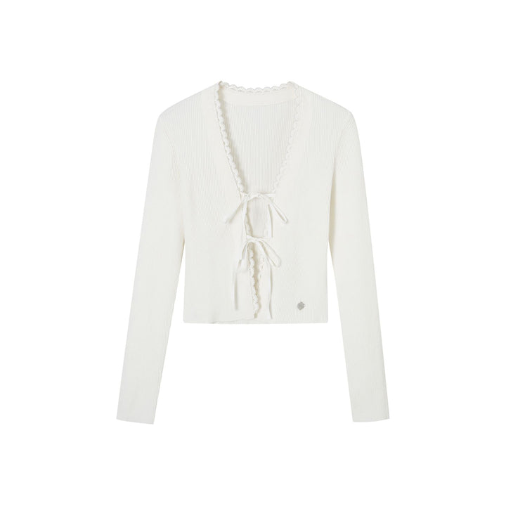 SomeSowe Bow Lace Up V-Neck Cardigan White