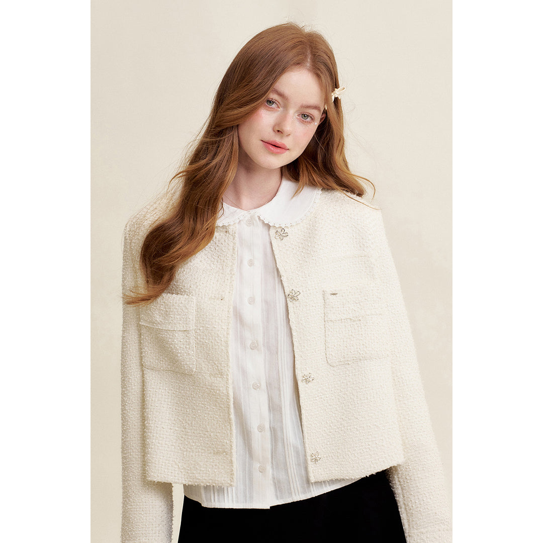 Kroche Heavy Floral Button Tweed Jacket White