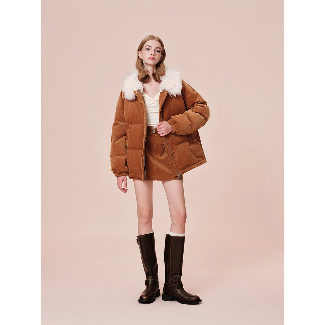 Rocha Roma Fur Lapel Corduroy Down Jacket Khaki