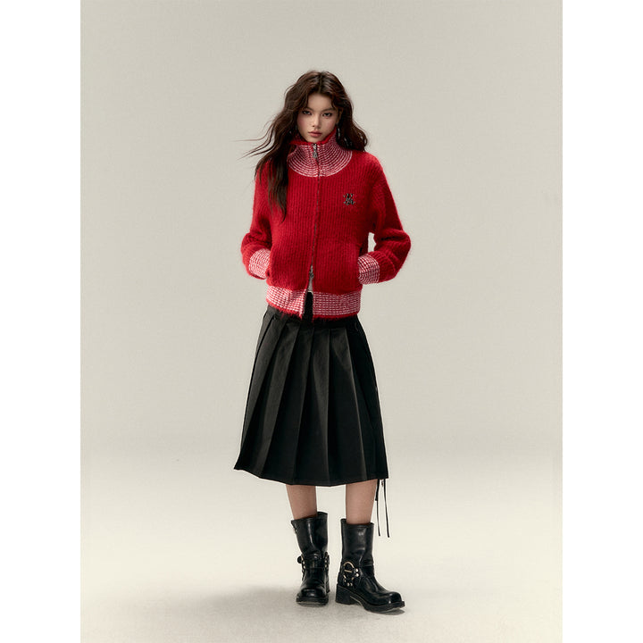 Via Pitti Color Blocked High Collar Knit Cardigan Red