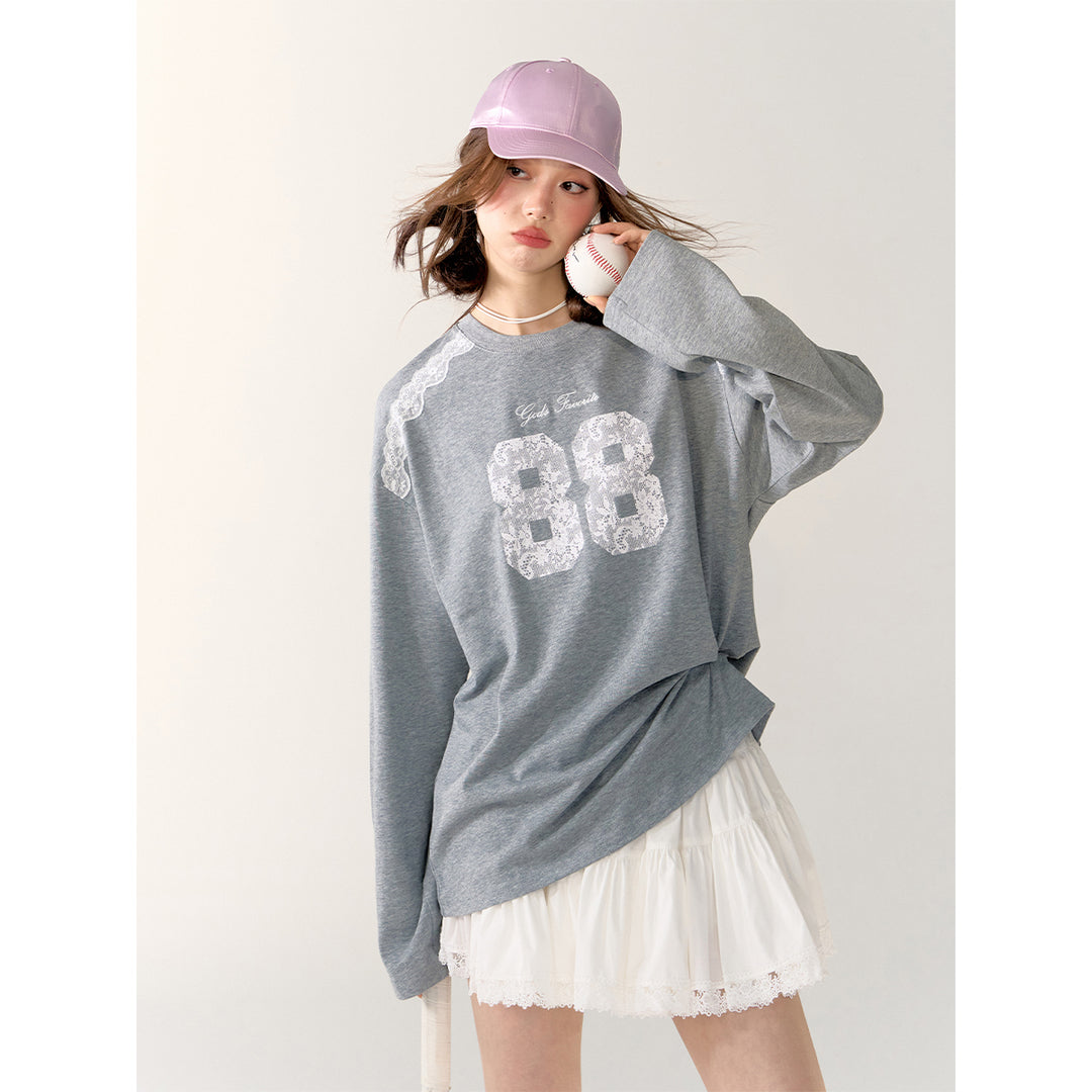 AsGony Retro Lace Patchwork L/S T-Shirt Gray