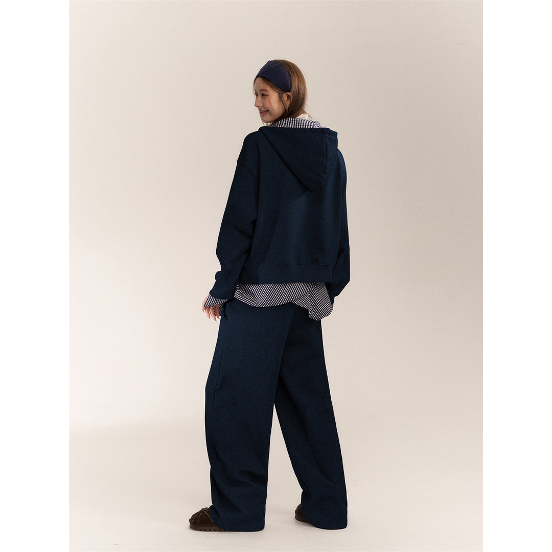 AsGony Fake-2-Piece Plaid Patchwork Casual Sweat Pants Navy Blue