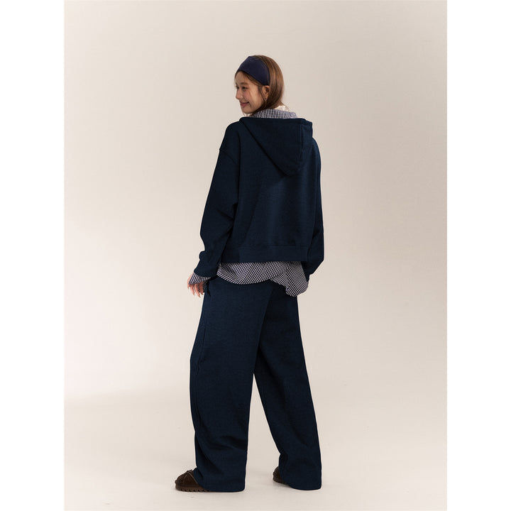 AsGony Fake-2-Piece Plaid Patchwork Casual Sweat Pants Navy Blue