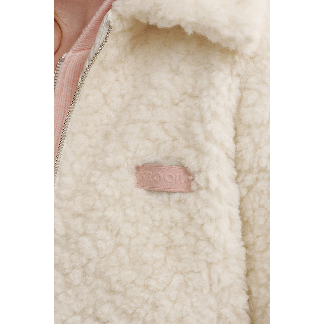 Kroche Lapel Double Zipper Woolen Fleece Jacket White