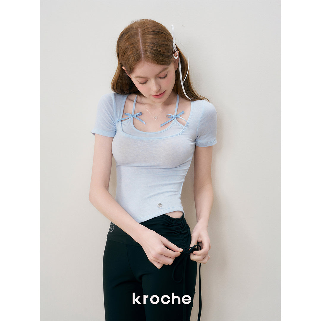 Kroche Fake-2-Piece Halter Bow Short Sleeve Tee Blue