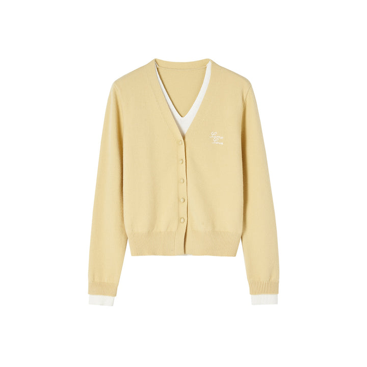 SomeSowe Fake-2-Piece V-Neck Knit Cardigan Yellow