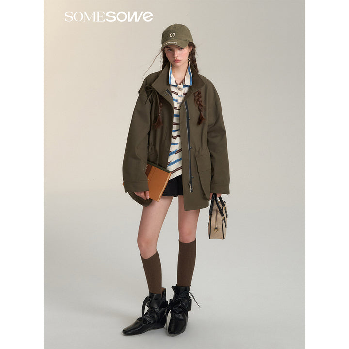 SomeSowe Bow Drawstring Waisted Cargo Jacket Olive Green